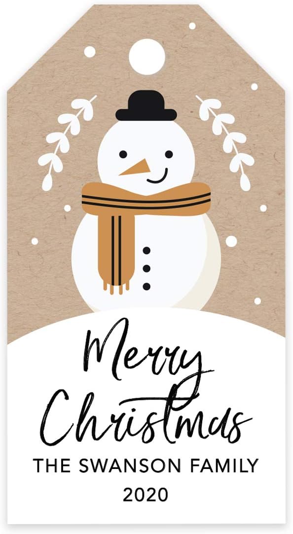 Andaz Press Personalized Christmas Holiday Season Classic Gift Tags, Merry Christmas Custom Family Name and Year, Kraft Brown Snowman with Scarf Design, Holiday Events, Parties, and Favors, 60-Pack