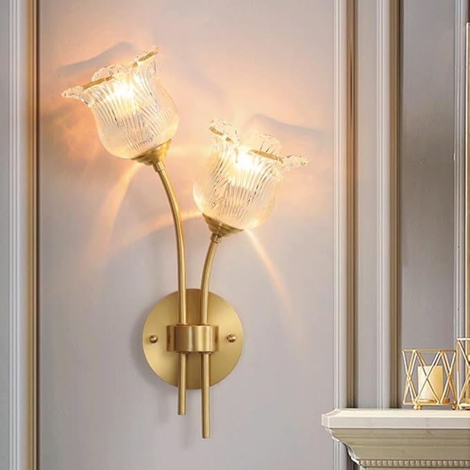 Elegant Double Head Wall Sconce, Vintage Brass Floral Design with Fluted Clear Glass Tulip Shades, Brushed Gold Accent Lamp for Living Room, Bedroom Bedside, Dining Room Decor