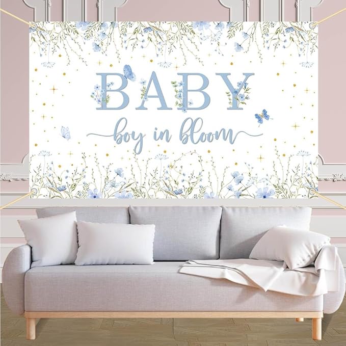 7x5ft Baby Boy in Bloom Backdrop for Boys Wildflower Baby in Bloom Baby Shower Decorations Banner Blue Floral Baby Shower Photography Background Cake Table Decor Supplies Photo Booth Prop