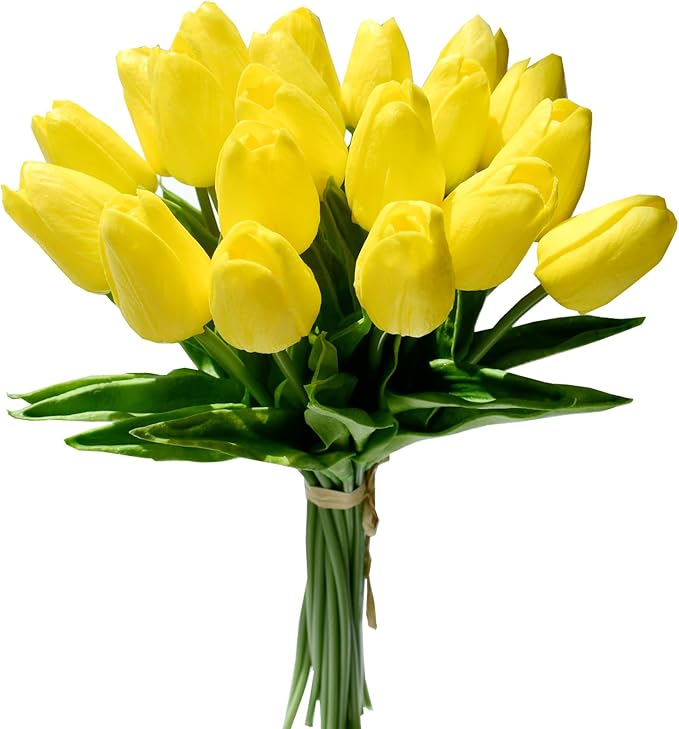 Mandy's Artificial Tulips 20 Stems Yellow PU Faux Flowers for Thanksgiving and Christmas Decorations Wedding Home Decor 13.5 Inch