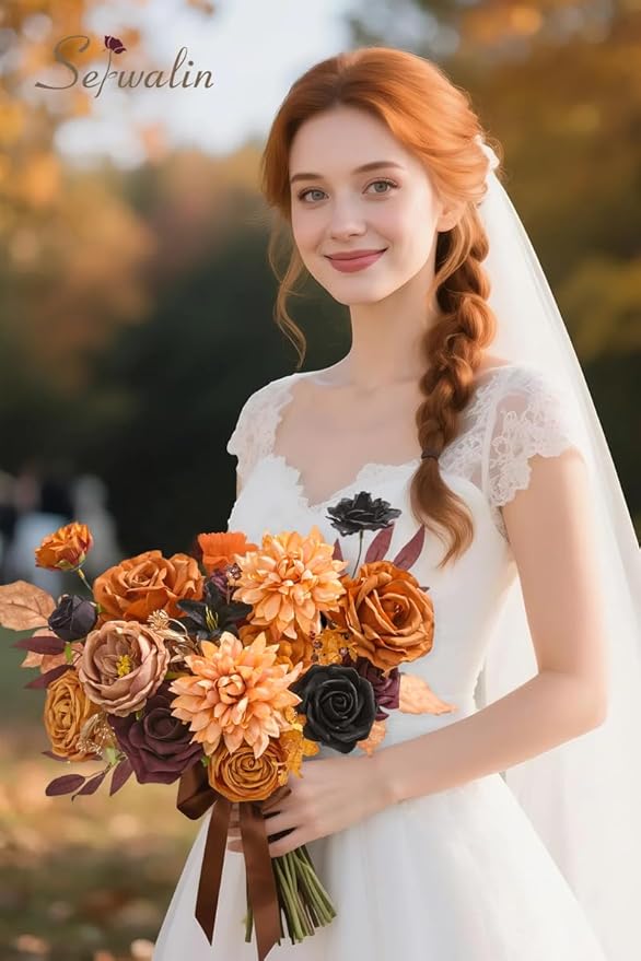 Serwalin Artificial Orange & Black Flowers, Silk Fake Flowers for DIY Wedding Bouquets Cake Flower, Harvest Table Centerpieces Birthday Party Home Halloween Decorations