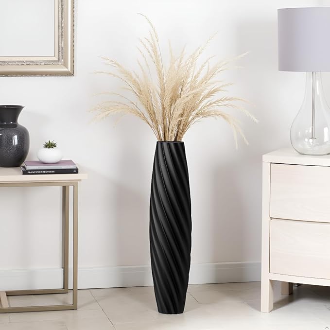 Tall Floor Vase, 23.6 inches Tall Vases Sturdy, Luxury, Textured for Decorative Branches Dried Flowers, Floor Vase for Rustic, Living Room, Shelf Decor (Black)