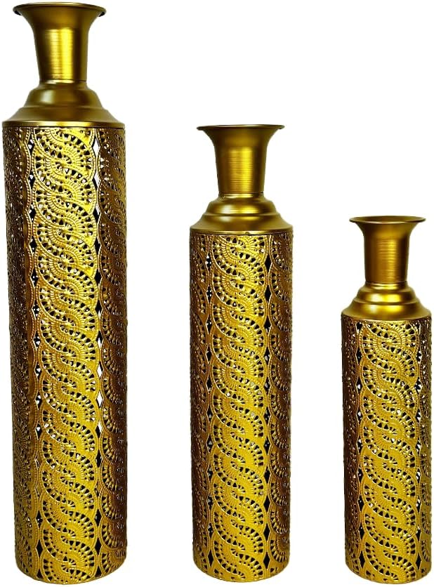 Leewadee Set of 3 Large Floor Vases – Decorative Tall Metal Vases in Gold (30/24/20 inches) – Elegant Home Decor for Stylish Interiors