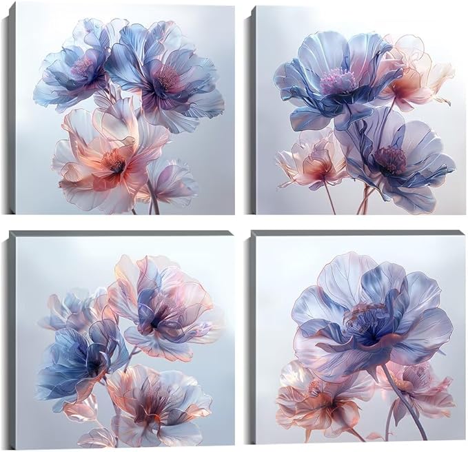 Pankila Canvas Flowers Wall Art Blooming Flowers Pictures Prints Blue Pink Flower Wall Decor for Living Room Bedroom Bathroom Home Decorations Painting Framed Artwork (20''W x 20''H x 4)