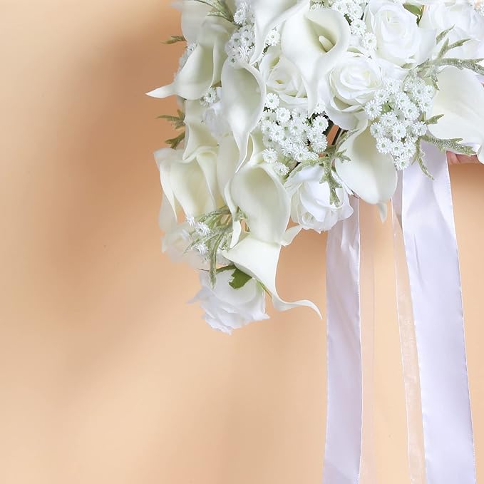 Bride Bouquets for Wedding,11 Inch White Calla Lily Cascading Bridal Bouquet Silk Flowers for Ceremony Anniversary Wedding Bridal Shower(Natural Whites)