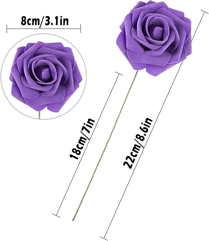 Purple Artificial Flower Purple Silk Rose 25pcs Real Looking Fake Rose with Stems Leaves for Home Decoration Party Garden Centerpieces DIY Wedding Bouquets（Deep Purple）