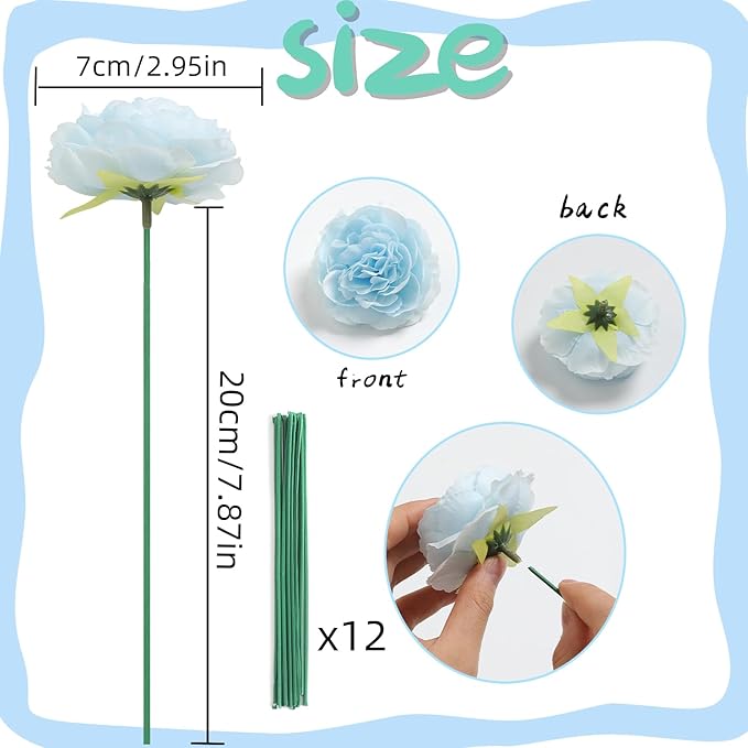 12 PCS Artificial Silk Blue Peony Flowers with Stems - 8 Inch Fake Peony Bouquet for Wedding, Home Decor, Office Table, Festival Gifts