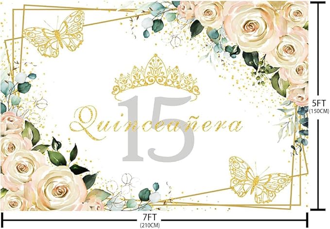 Sendy 7x5ft Quinceañera Backdrop Mis Quince 15 Anos Birthday Party Decorations Supplies Girl Princess White Floral Gold Crown Butterfly Photography Background Banner Photo Booth Studio Props Vinyl