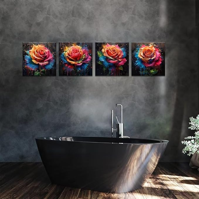 Pankila Colorful Rose Wall Art Floral Pictures Canvas Prints Abstract Rose Flower Wall Decor for Living Room Bedroom Bathroom Home Decorations Framed Artwork Ready to Hang (20''W x 20''H x 4)