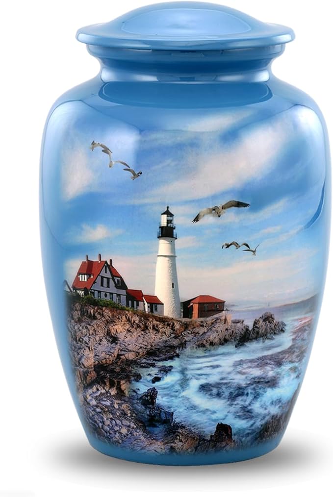 Lighthouse Urn - Full Size Portland Head Lighthouse Cremation Urn – Adult Urns for Men and Women – Ocean Blue Funeral and Memorial Urns for Human Ashes Upto 210 Lbs with Velvet Bag (Large)