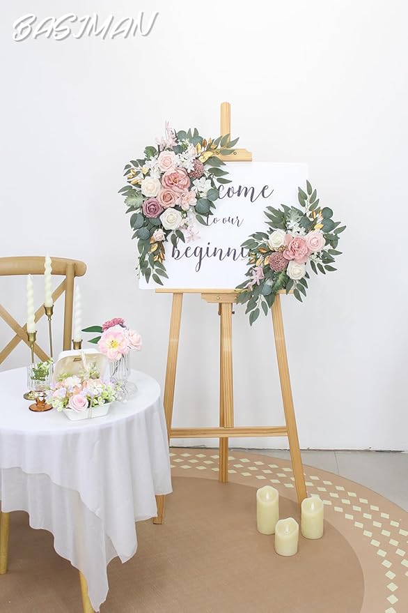 Arch Flowers (Pack of 2) for Wedding Ceremony Arbor and Reception Backdrop Decoration Wedding Welcome Signs Floral Birthday Party Decoration(White Pink)