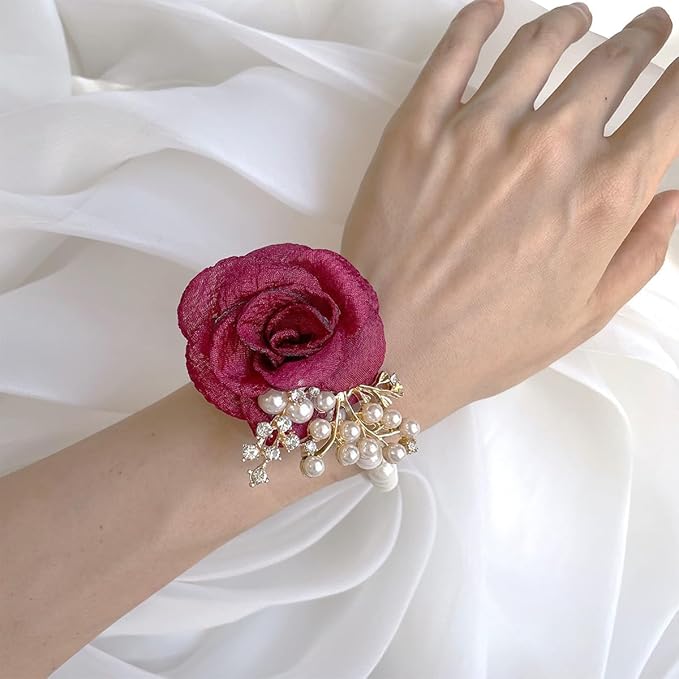 1PCS Wedding Wrist Flower,Bridesmaid Bride Wrist Flower Corsage Decoration Hand Flowers,Wine Red