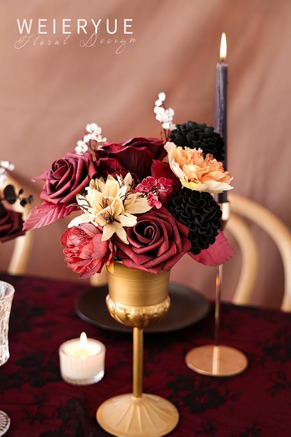 Artificial Flower Box Set Silk Fake Flowers DIY Center Cake Decoration Wedding Bouquet Corsage Home Decor Outdoor Decor Gift (Gothic Black and Red)