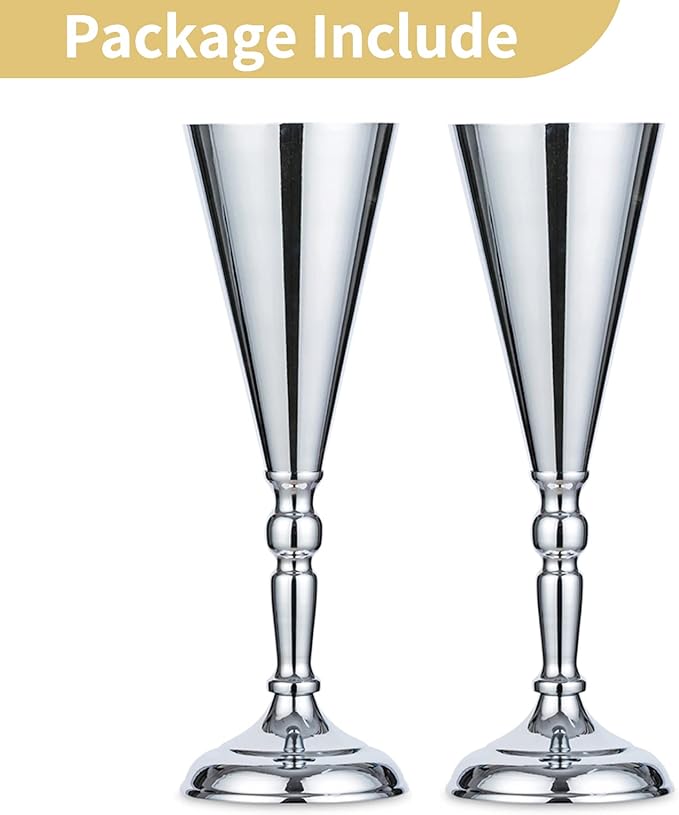 2 Pcs/ Set Tabletop Silver Metal Wedding Flower Trumpet Vase Table Decorative Centerpiece Artificial Flower Arrangements for Anniversary Ceremony Party Birthday Event Aisle Home Decoration