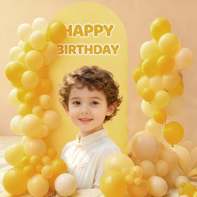 Customizable Arch Backdrop Stand and Cover Set – Featuring a Golden Metal Arch Stand, Customizable with Your Desired Images/Photos. Suitable for Baby Showers, Weddings, Festivals, Birthdays