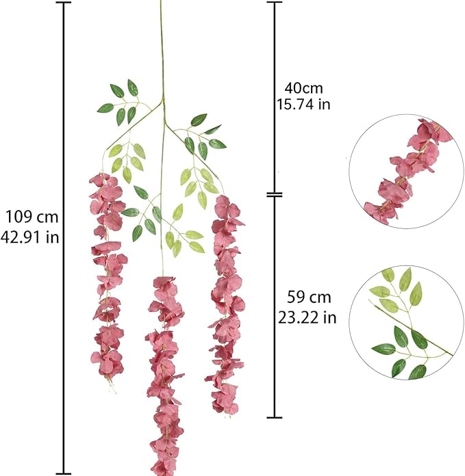 12PCS Artificial Wisteria Hanging Flowers 3.6ft Dusty Pink Fake Hanging Flowers Garland Silk Flowers Rattan String Faux Wisteria Vine for Garden Home Wedding Arch Decoration (Dusty Pink)