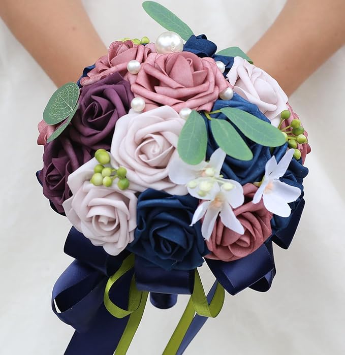 Lightweight Bridal Wedding Bouquet Round Holding Bouquet Throw Toss Artificial Rose Flower Bunch for Bride Bridesmaid Wedding Quinceanera (Navy, Smoky Rose, Light Taro & Dark Puce, 6.7")