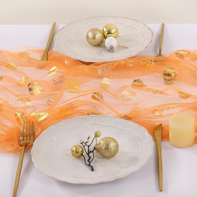 Socomi Gold Table Runner Fall Pumpkin Gauze Sheer Chiffon Cheesecloth Sequin 10FT Glitter Metallic Foil Dining Wedding Birthday Party Baby Shower Holiday Centerpiece Table Decor Orange