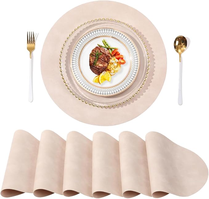 UnivoColors PU Leather Placemats Set of 6,15" Round Washed Cowhide Pattern Table Mats for Dining Table, Kitchen, Party Decoration(Retro Beige)