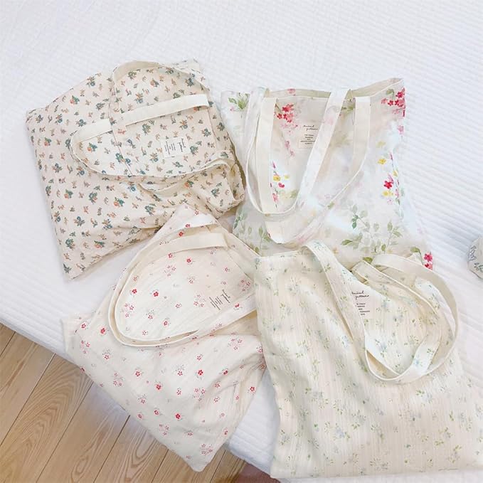 Cotton Canvas Tote Bag Reusable Soft Grocery Cloth Bag Floral Shoulder Bag for Beach Travel Shopping