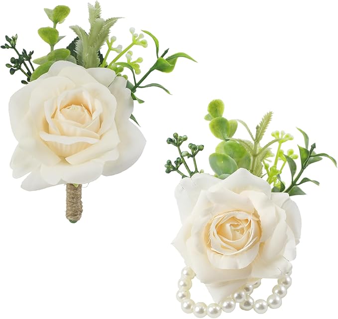 Meldel Wrist Corsage and Boutonniere Set for Wedding, Set of 2, Rose Wrist Flower Wristlet Bracelet for Bride Bridesmaid, Groom Best Man Boutonniere Wedding Flowers Accessories Prom Ceremony Party