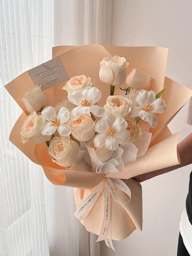 LeZakaa 20 Sheets Flower Wrapping Paper - Waterproof Reversible Floral Bouquet Paper - Champagne Design for Valentines, Mothers Day, Party, Birthday, Wedding, Bridal Shower, Baby Shower