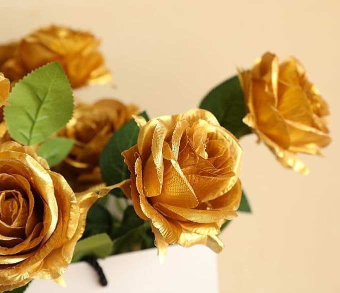 12 PCS Artificial Flowers Gold Roses Fake Silk Flower Long Stem Artificial Roses for Home Wendding Bathroom Party Decorations (Gold)