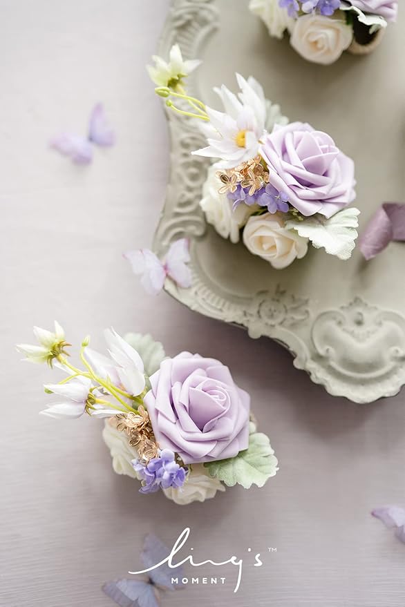 Ling's moment 6pcs Wedding Wrist Corsage Artificial Flowers, Girl/Mother Homecoming Prom Corsages Wristlet Décor, etc. Lilac Lavender Purple