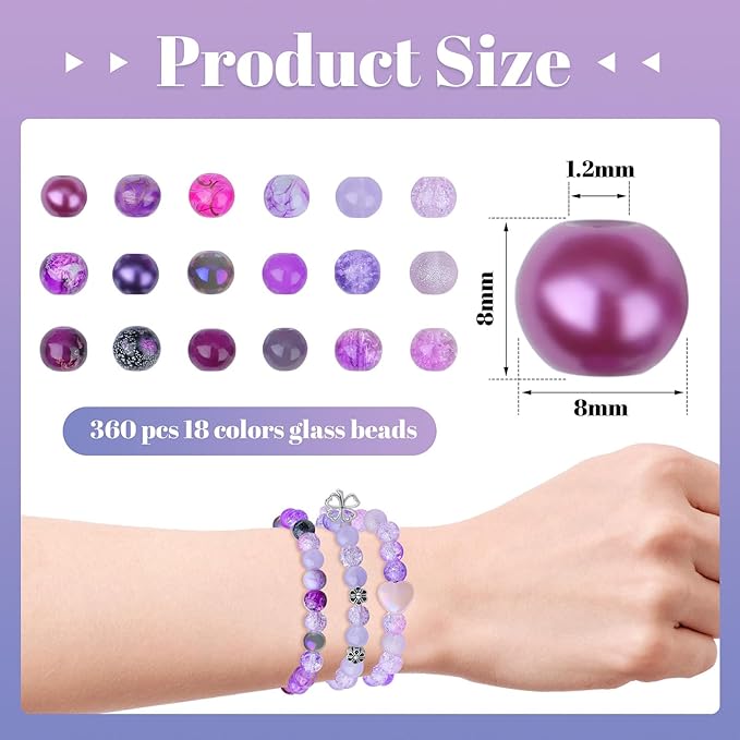 DUQGUHO 8mm Purple Beads for Jewelry Making Purple Glass Beads Crystal Beads Glass Round Beads Bracelet Friendship Bracelets Kit 360PCS