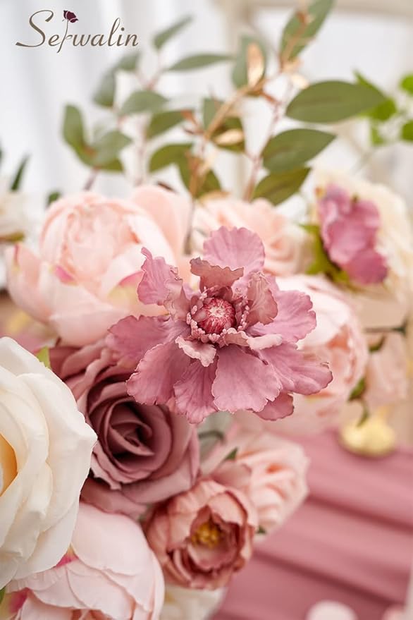 Serwalin Artificial Flowers Pink Wedding Cake Flowers, Fake Dusty Roses Peonies for Bouquets Table Centerpieces Wedding Home Decor, Baby Shower Party Flowers with Stems DIY Combo