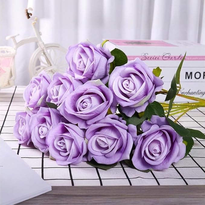 Jasion 12PCS Artificial Roses Realistic Velvet Silk Flowers Long Stem Faux Flowers Bouquet for Wedding Home Party Table Centerpieces Decorations (Light Purple)