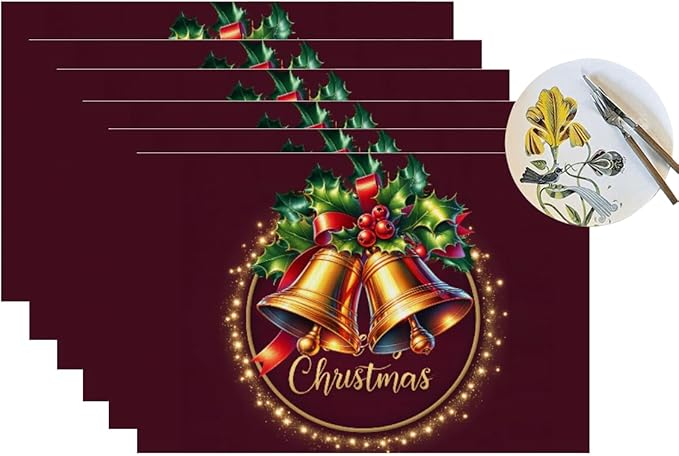 PVC Placemats Set of 6 Wipeable Table Mats Washable Heat Resistant Non Slip Vinyl Dining Table Mat for Kitchen Indoor Outdoor Patio Farmhouse Place Mats Christmas Bell Red Decorative