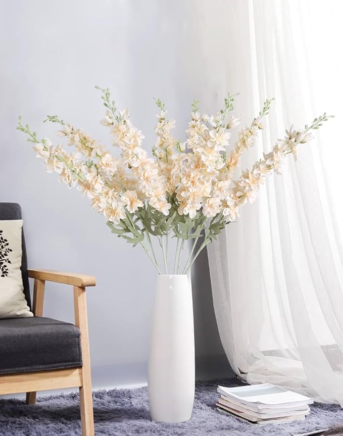 8pcs Delphinium Artificial Flowers 33.5in Long Stem Larkspur Fake Silk Flowers for Tall Vase Faux Flowers for Home Wedding Baby Shower Floral Arrangement Centerpiece Table Decoration (Champagne)