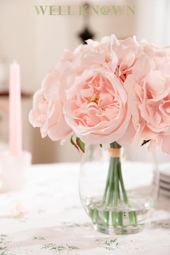 Silk Peonies Artificial Flowers with Hydrangea in Glass Vase with Fake Water, Fake Austin Rose Bouquet with Vase for Home Hotel Office Wedding Party Decor as Table Centerpieces & Gift (Blush Pink)