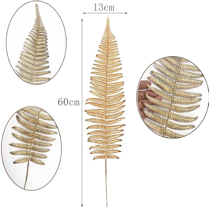 CATTREE Artificial Gold Plants Large Fern Leaves Tall 23" - 10 Pack, Fake Boston Ferns Golden Plant Decorations Plastic Faux Foliage Shrubs Simulated Leaf for Party Wedding Table Centerpiece DIY Décor