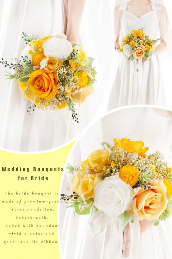 Yellow & White Wedding Bouquets for Bride Bridesmaids, Bridal Bouquet for Wedding Silk Artificial Flowers