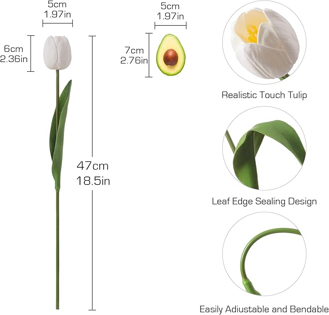 10PCS Artificial 18.5" Long Stem White Tulips Bouquet PU Flowers, Fake 6 Color Tulip Faux Flowers with Bendable Stems for Floral Table Wedding Home Decor