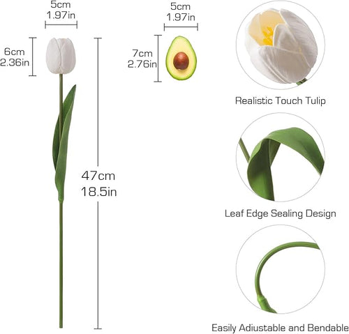 10PCS Artificial 18.5" Long Stem White Tulips Bouquet PU Flowers, Fake 6 Color Tulip Faux Flowers with Bendable Stems for Floral Table Wedding Home Decor