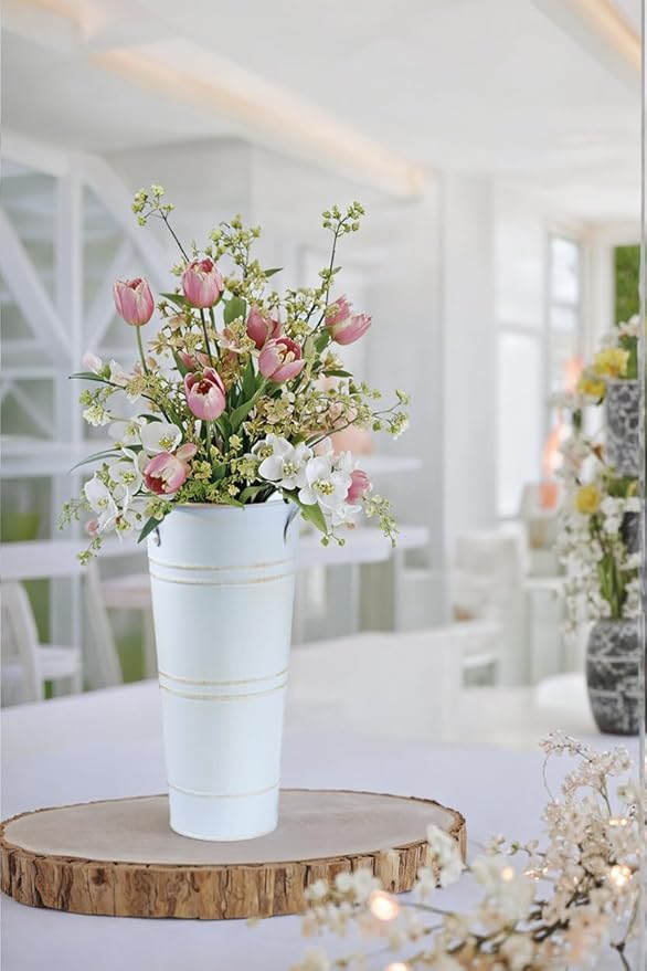 9 Inch Galvanized Metal Vases for Flowers - 6 Pcs Farmhouse Decorative Tall Flower Bucket with Handles, Rustic French Tin Planter Buckets for Wedding Decor (Vintage White)