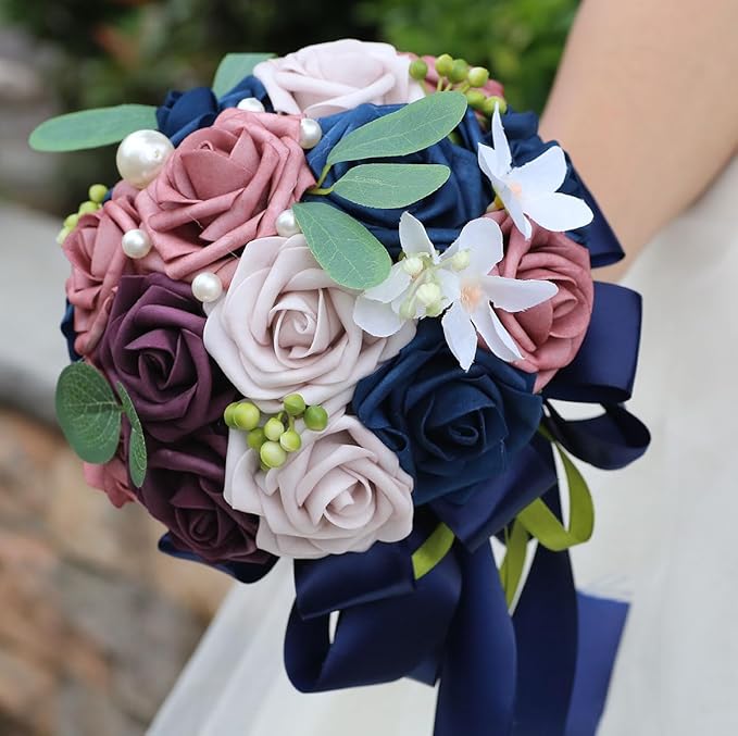 Lightweight Bridal Wedding Bouquet Round Holding Bouquet Throw Toss Artificial Rose Flower Bunch for Bride Bridesmaid Wedding Quinceanera (Navy, Smoky Rose, Light Taro & Dark Puce, 6.7")