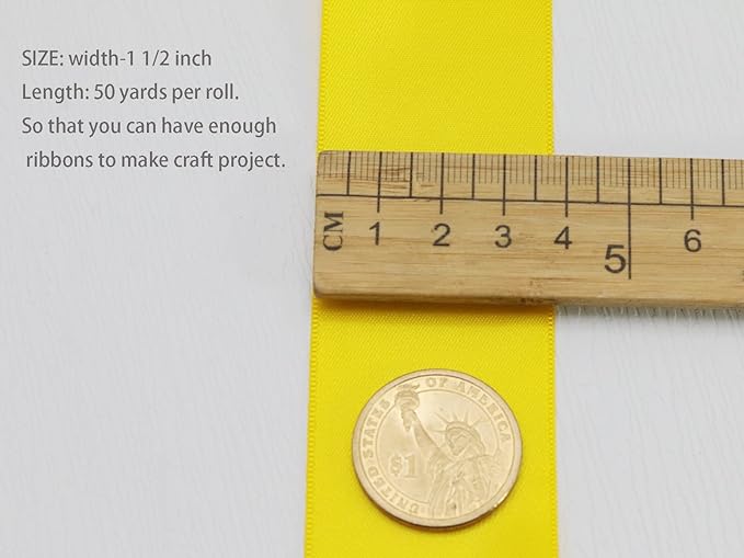 Yellow Double Faced Satin Ribbons 1-1/2 inch Flower Boutique Gift Wrapping Ribbon 1.5inch 50yards Fabric Silk Bow Ribbon for Valentine's Day & Mother's Day DIY Crafts Hair Headband-Sewing