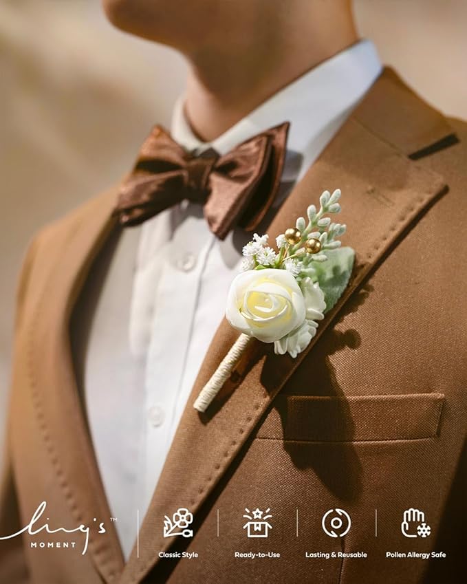 Ling's moment Boutonniere for Men, 6pcs Groom Groomsmen Boutonniere, Artificial Flowers for Wedding Decor/Prom/Homecoming, etc.Pink Dusty Rose
