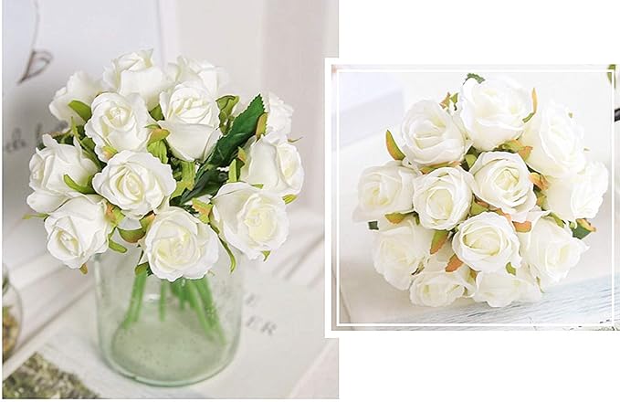 Jasion Artificial Roses Flowers Silk 12pcs DIY Bouquet for Home Office Parties Table Centerpieces Bridal Wedding Decoration Without Vase (Spring White)