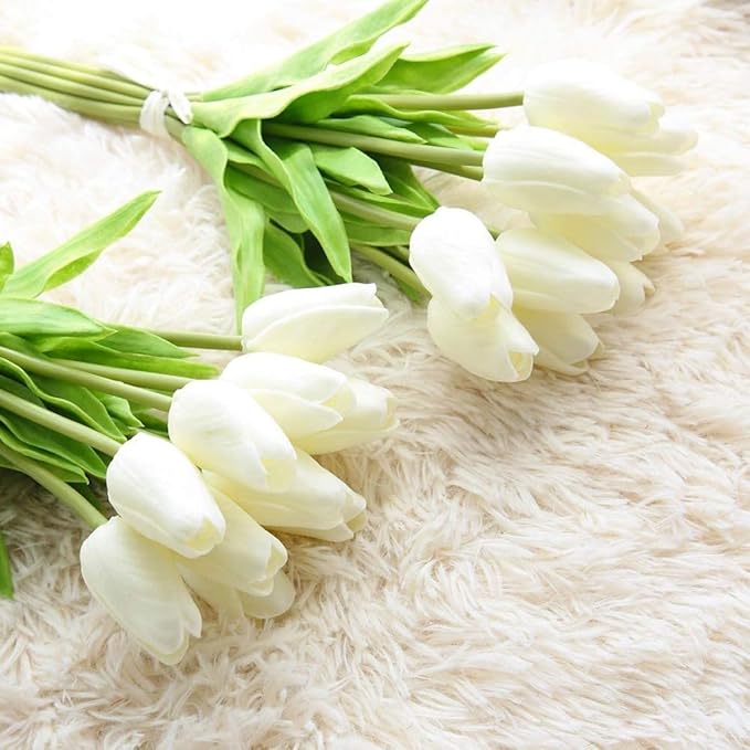 Artificial Tulips Flowers Real Touch Tulips Holland PU Bouquet Latex Flower White for Wedding Party Office Home Kitchen Decoration 30pcs (White) Artificial