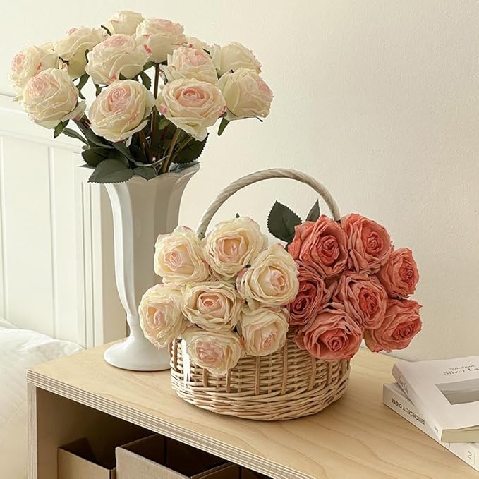 Kimura's Cabin 12pcs Pink Lifelike Artificial Roses Flowers with Stem Faux Silk Rose Bouquet Dried Roses Fake Flowers for Valentines Day Home Centerpiece Wedding Party DIY Decoration (Light Pink)