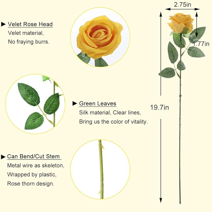 12Pcs Yellow Roses Artificial Flowers Fake Roses Faux Velvet Silk Flower for Home Wedding Decoration (Pearl Rose, Yellow)