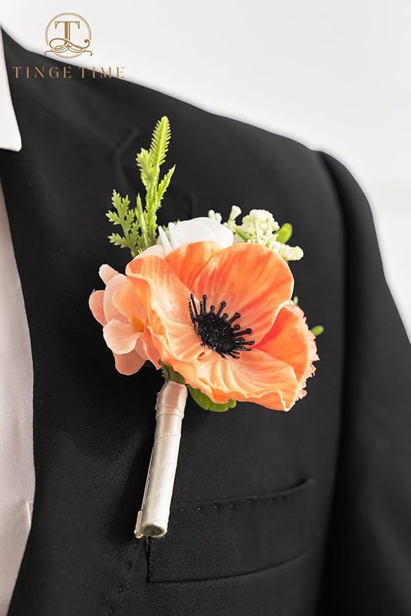 TINGE TIME Boutonniere for Men Wedding,Groom and Best Man Boutonniere for Wedding Ceremony Anniversary, Formal Dinner Party and Rustic Spring Wedding Marriage (10, CoralPink&Champagne)