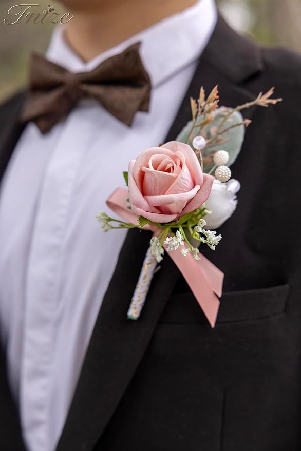 Fnize Pink Boutonniere for Men, 6 Pcs Groom Groomsmen Boutonnieres, Artificial Flowers for Wedding Prom Homecoming