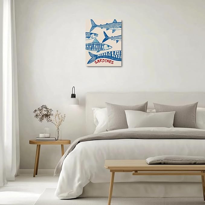 Vintage Fish Sardine Decor Beach House Wall Decor Canvas Wall Art Framed Art Prints Artwork Posters for Home Living Room Kitchen Dining Room Office Wall Decorations Paintings Pictures 11.5X14.5 Inch