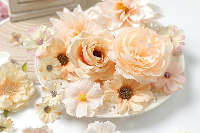 Artificial Flower Heads Combo - Champagne Silk Dahlia & Roses Fake Flowers for Wedding, Party, Graduation Cap DIY, Cake Decoration, Table Centerpieces, Home Decor